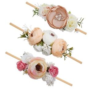 3pcs Nylon Headband Handmade Floral Hair Accessories with Pink and Cream Flowers